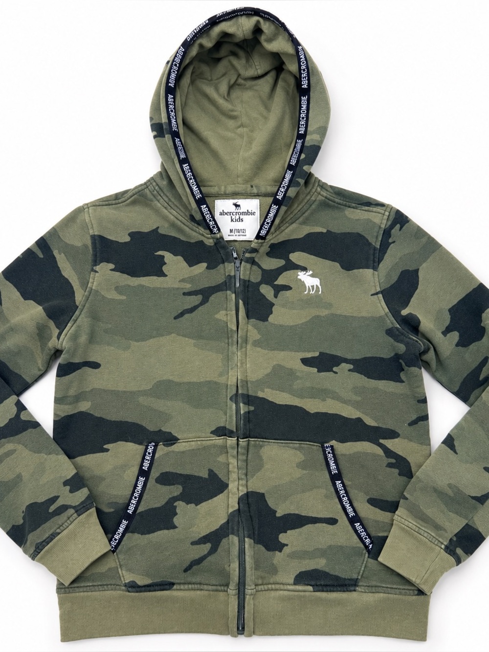 Abercrombie Kids Camo Zip Hoodie Size 13/14 Green Full Zip Sweatshirt
